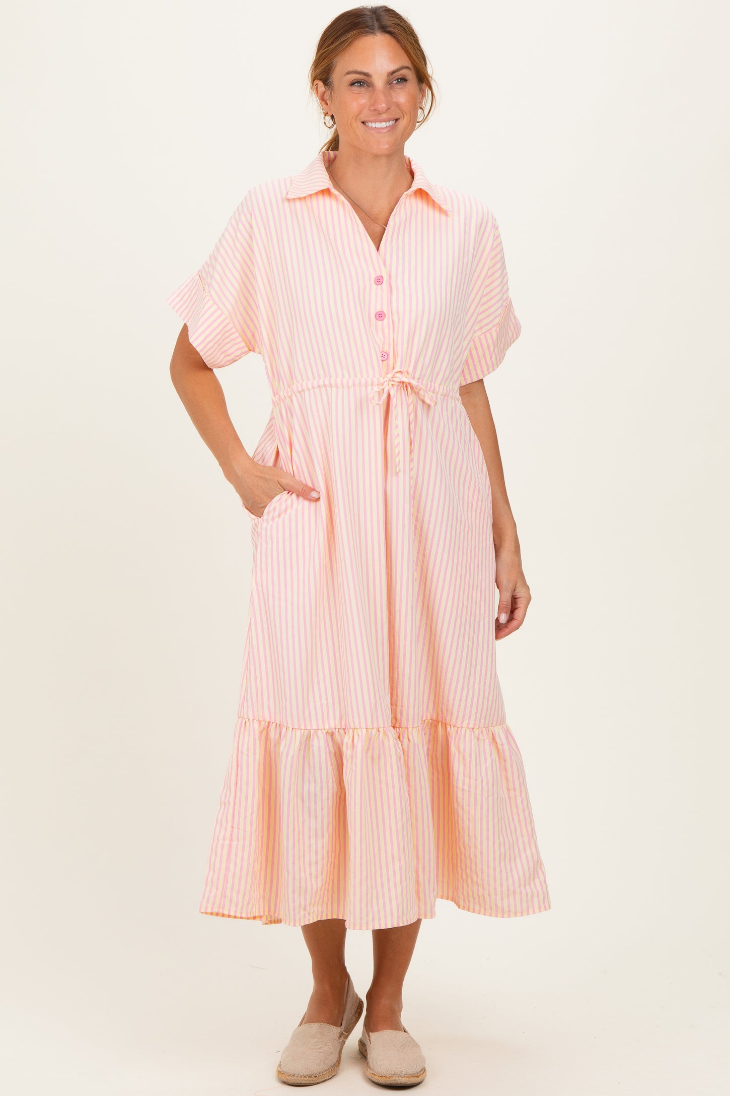 Yellow Striped Button Collared Maternity Midi Dress