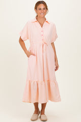 Yellow Striped Button Collared Maternity Midi Dress