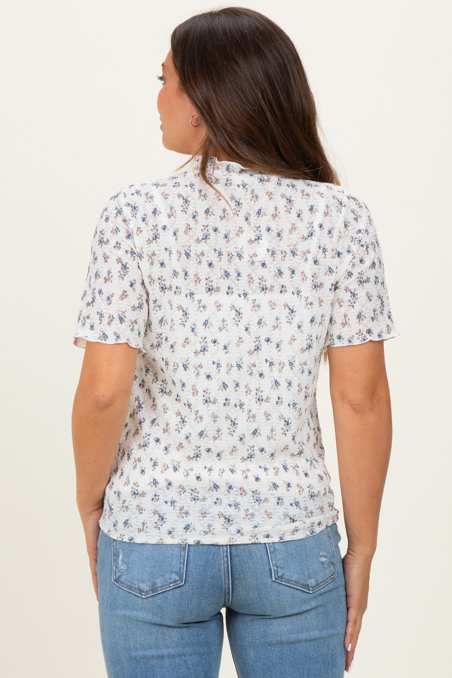 Ivory Floral Ruffle Trim Short Sleeve Maternity Top