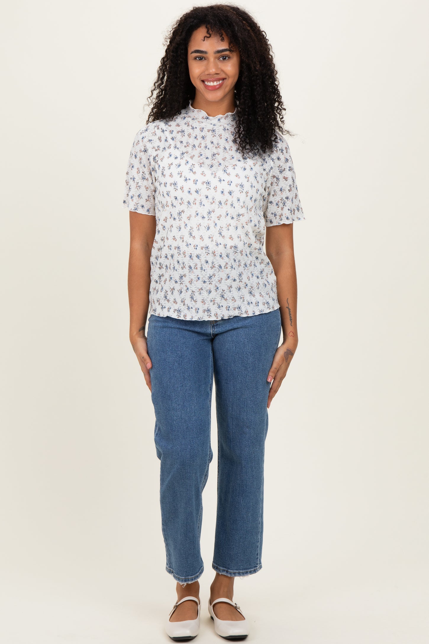 Ivory Floral Ruffle Trim Short Sleeve Top