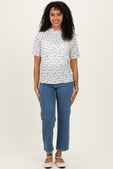 Ivory Floral Ruffle Trim Short Sleeve Top