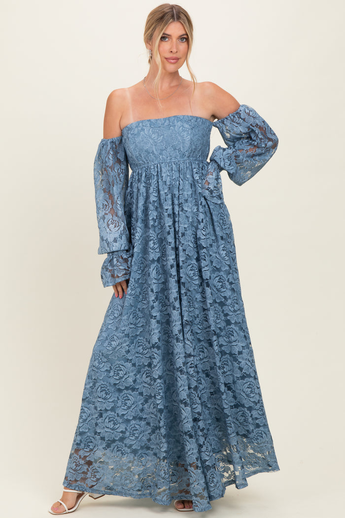 Blue Lace Off Shoulder Long Sleeve Maternity Maxi Dress