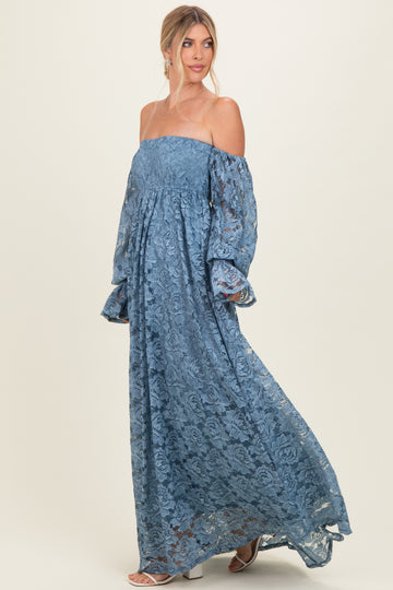 Blue Lace Off Shoulder Long Sleeve Maxi Dress