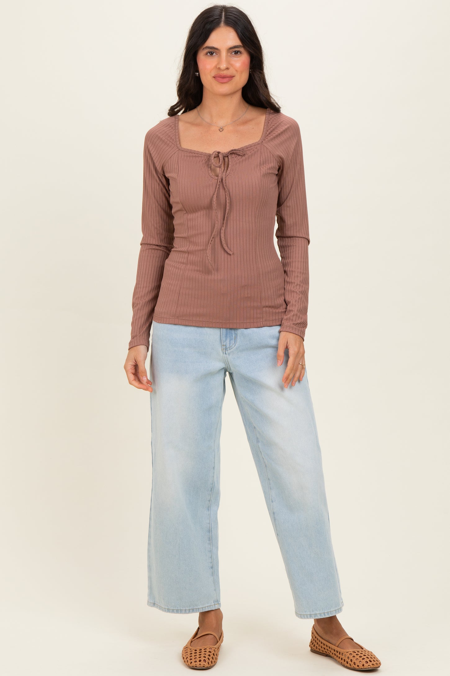 Mocha Ribbed Front Tie Henley Top
