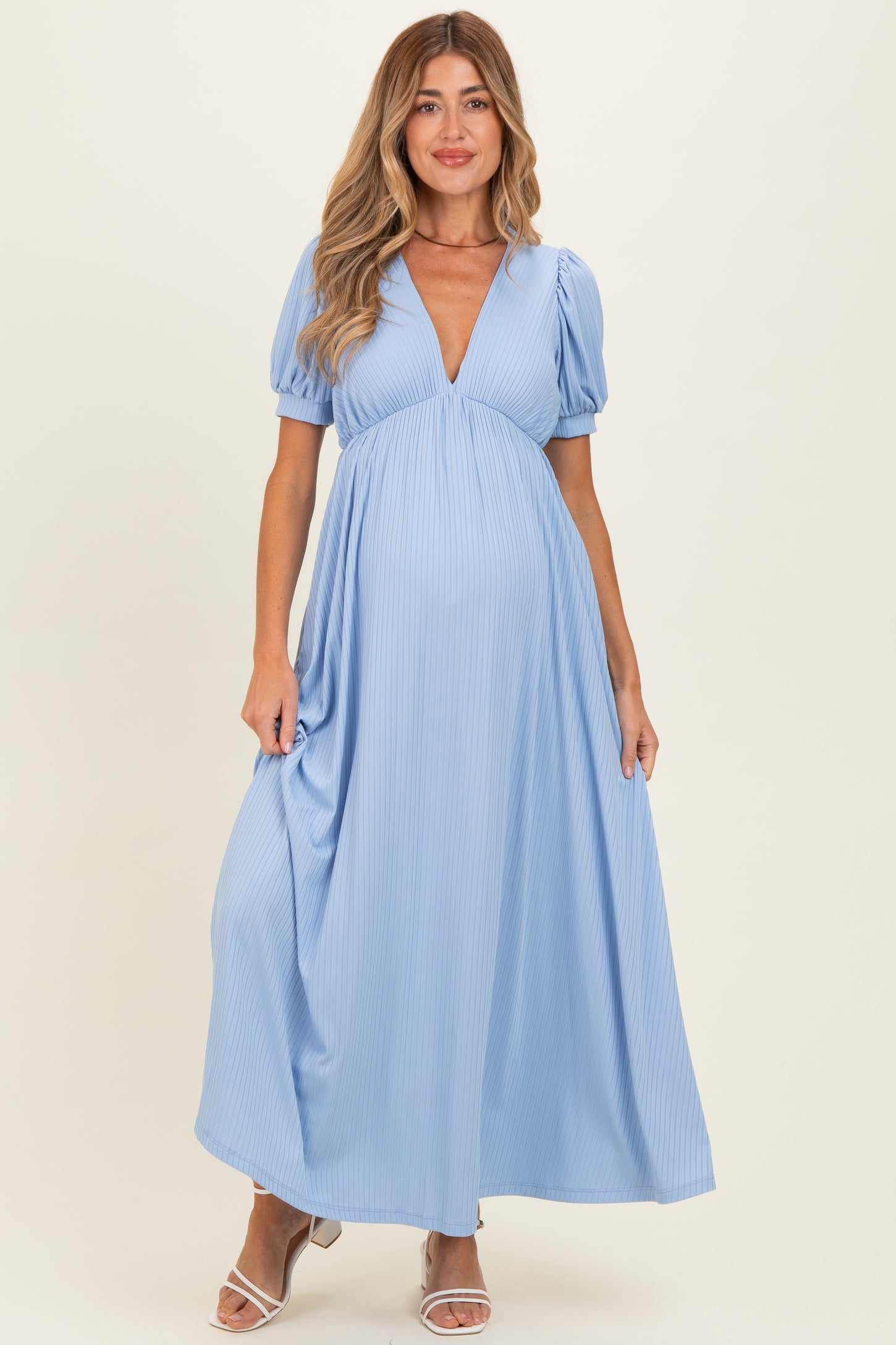Blue Ribbed Puff Sleeve V-Neck Empire Waist Maternity Maxi Dress