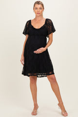Black Floral Lace Square Neck Ruffle Trim Maternity Maxi Dress