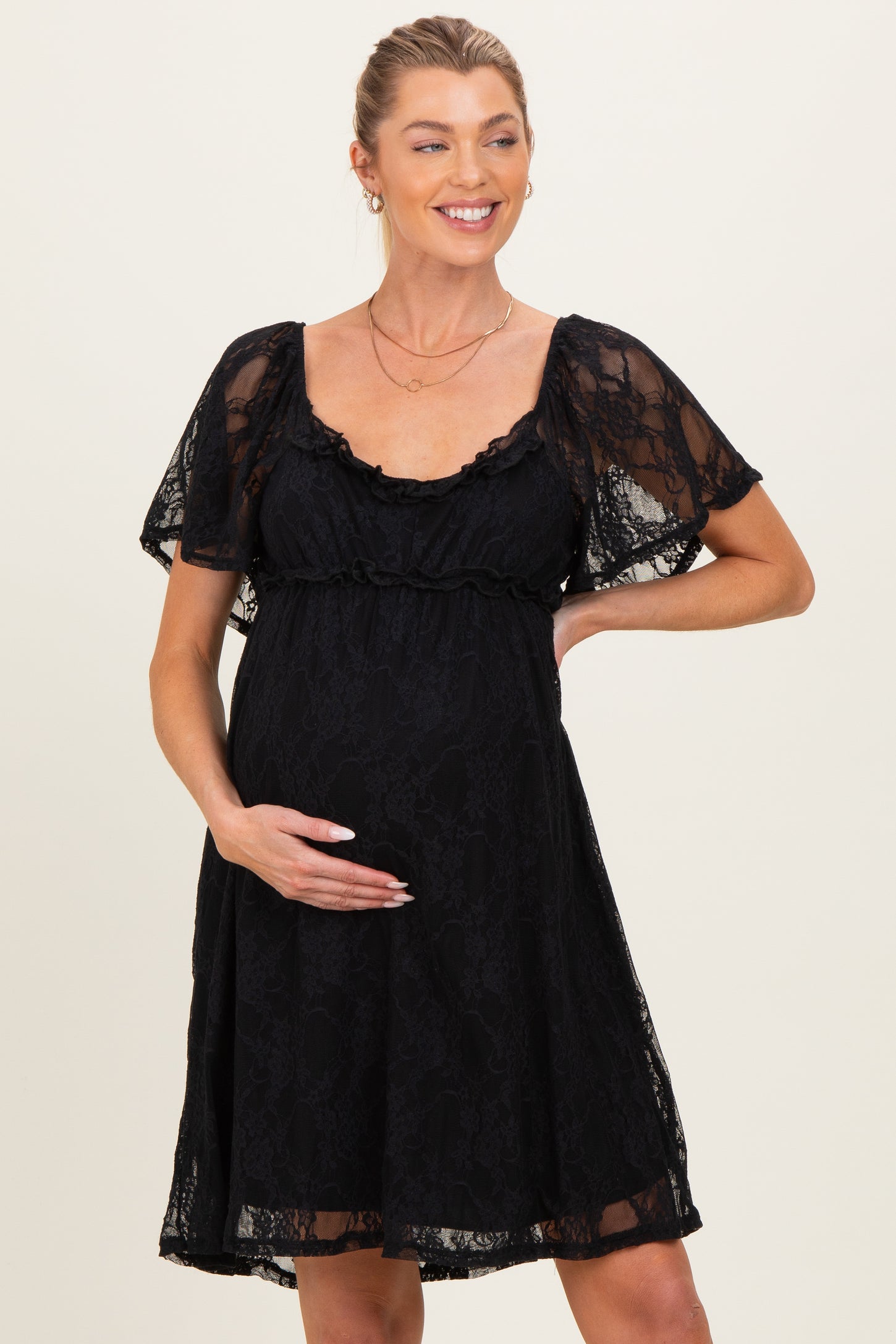 Black Floral Lace Square Neck Ruffle Trim Maternity Maxi Dress