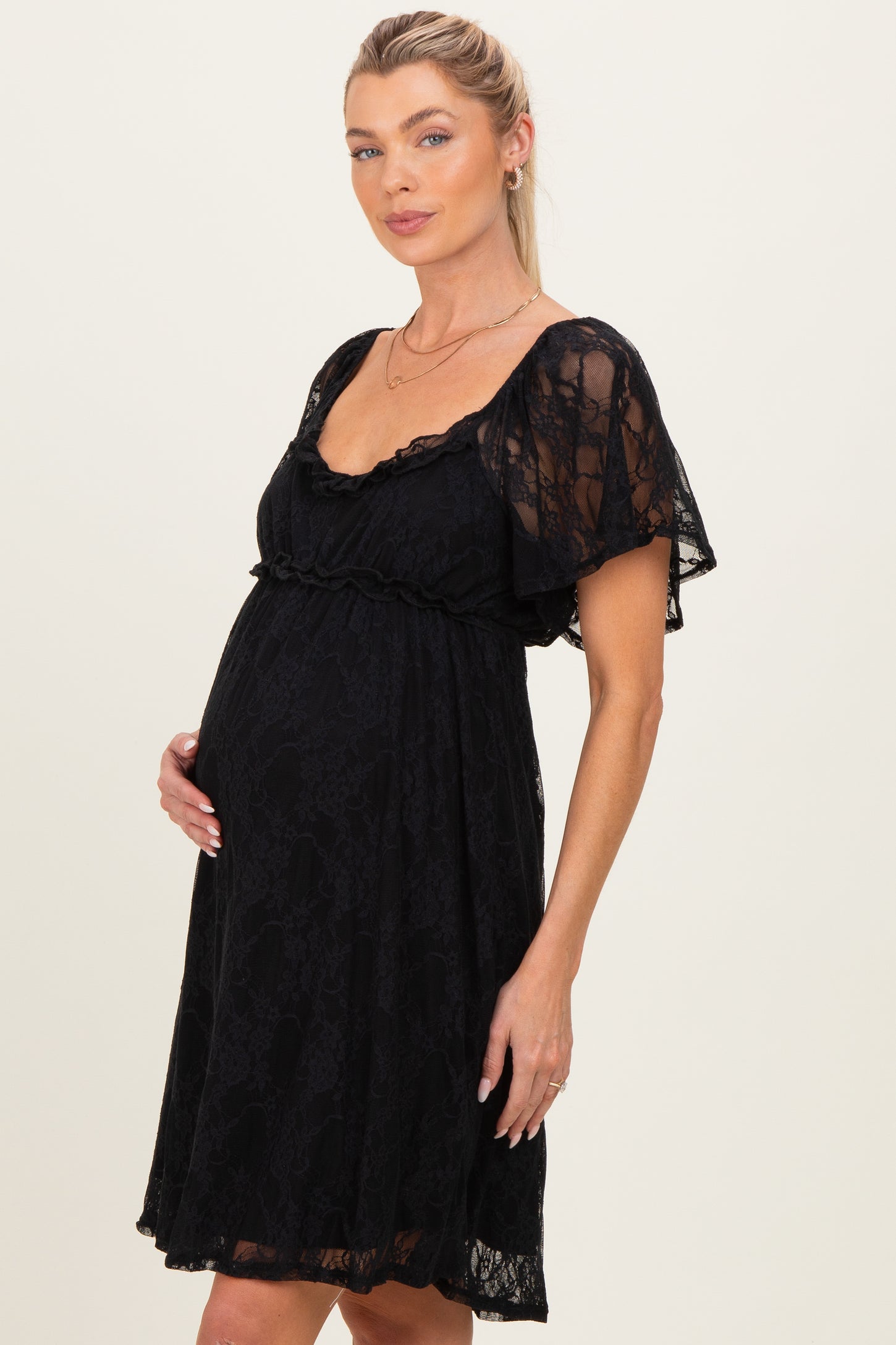 Black Floral Lace Square Neck Ruffle Trim Maternity Maxi Dress