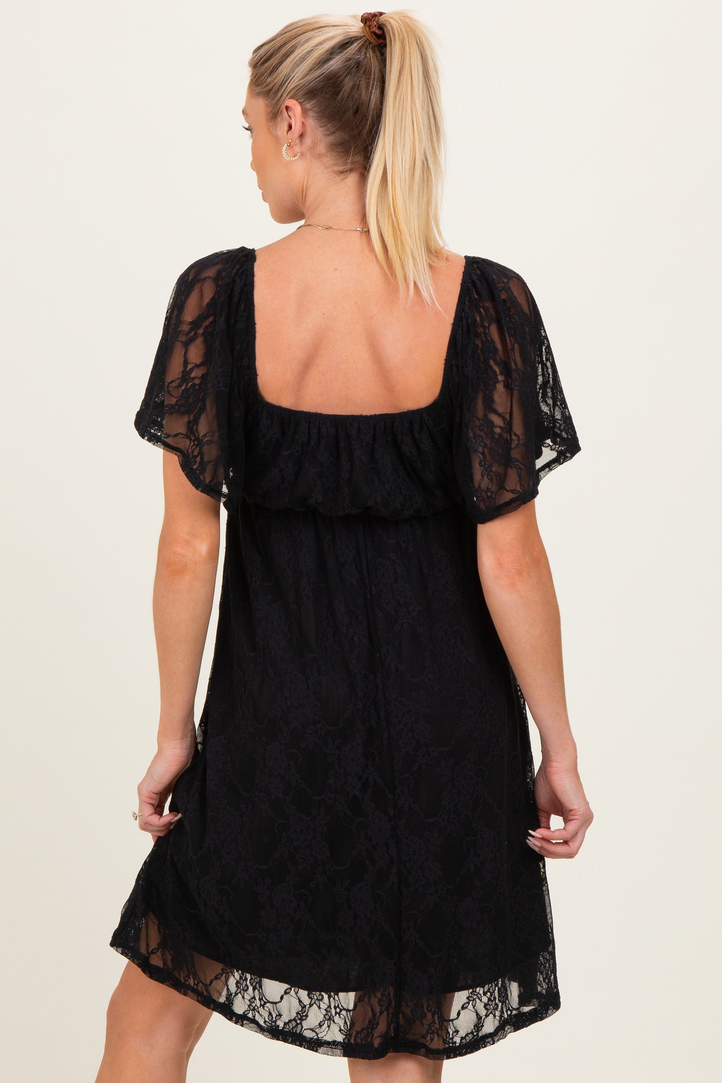 Black Floral Lace Square Neck Ruffle Trim Maternity Maxi Dress