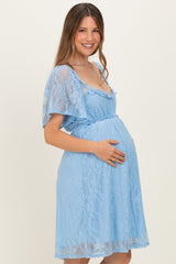 Light Blue Floral Lace Square Neck Ruffle Trim Maternity Maxi Dress