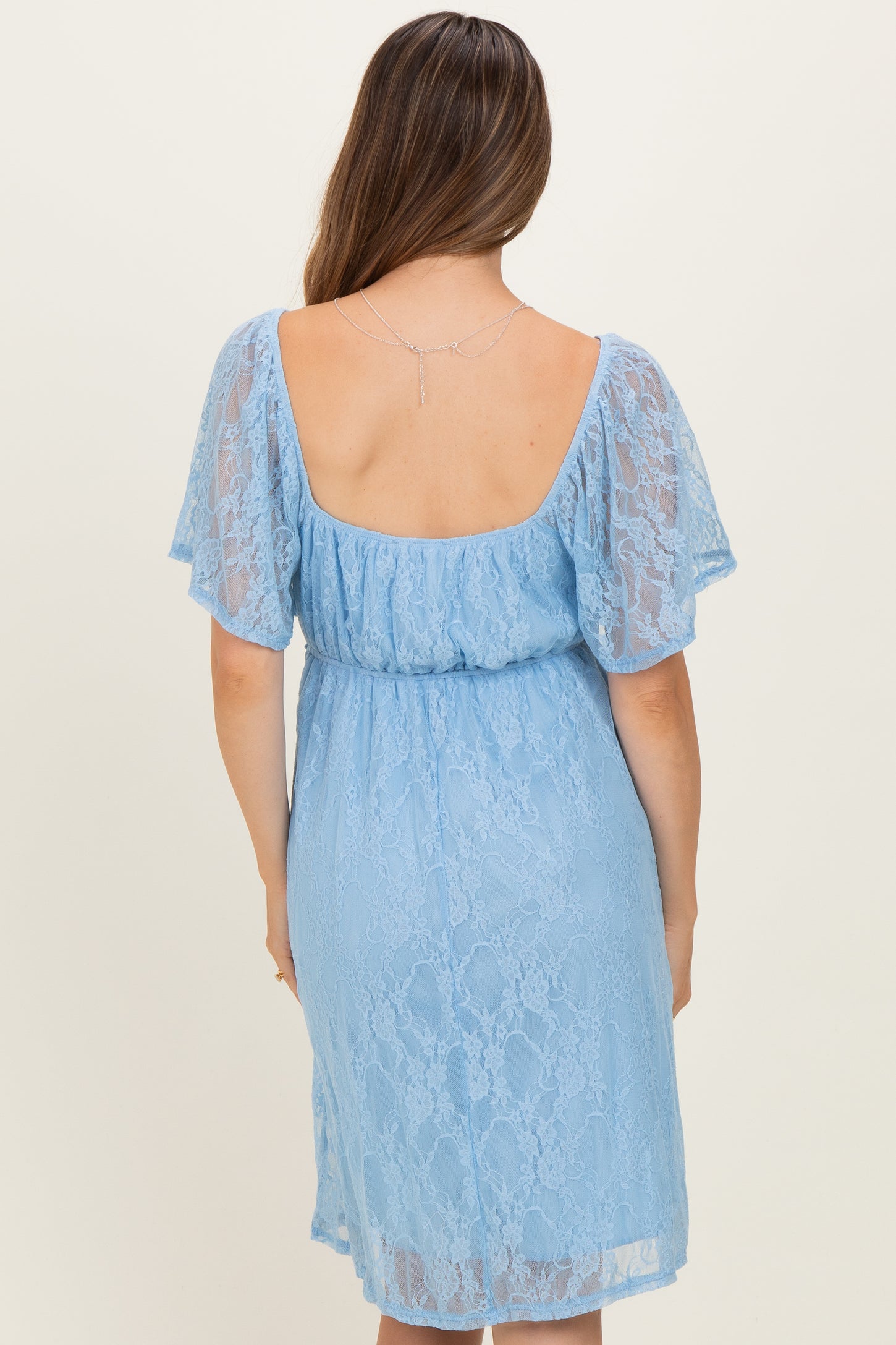 Light Blue Floral Lace Square Neck Ruffle Trim Maternity Maxi Dress