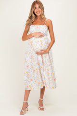 White Floral Shoulder Tie Cutout Maternity Midi Dress