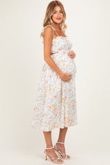 White Floral Shoulder Tie Cutout Maternity Midi Dress