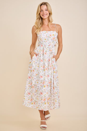 White Floral Shoulder Tie Cutout Midi Dress