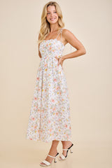 White Floral Shoulder Tie Cutout Midi Dress