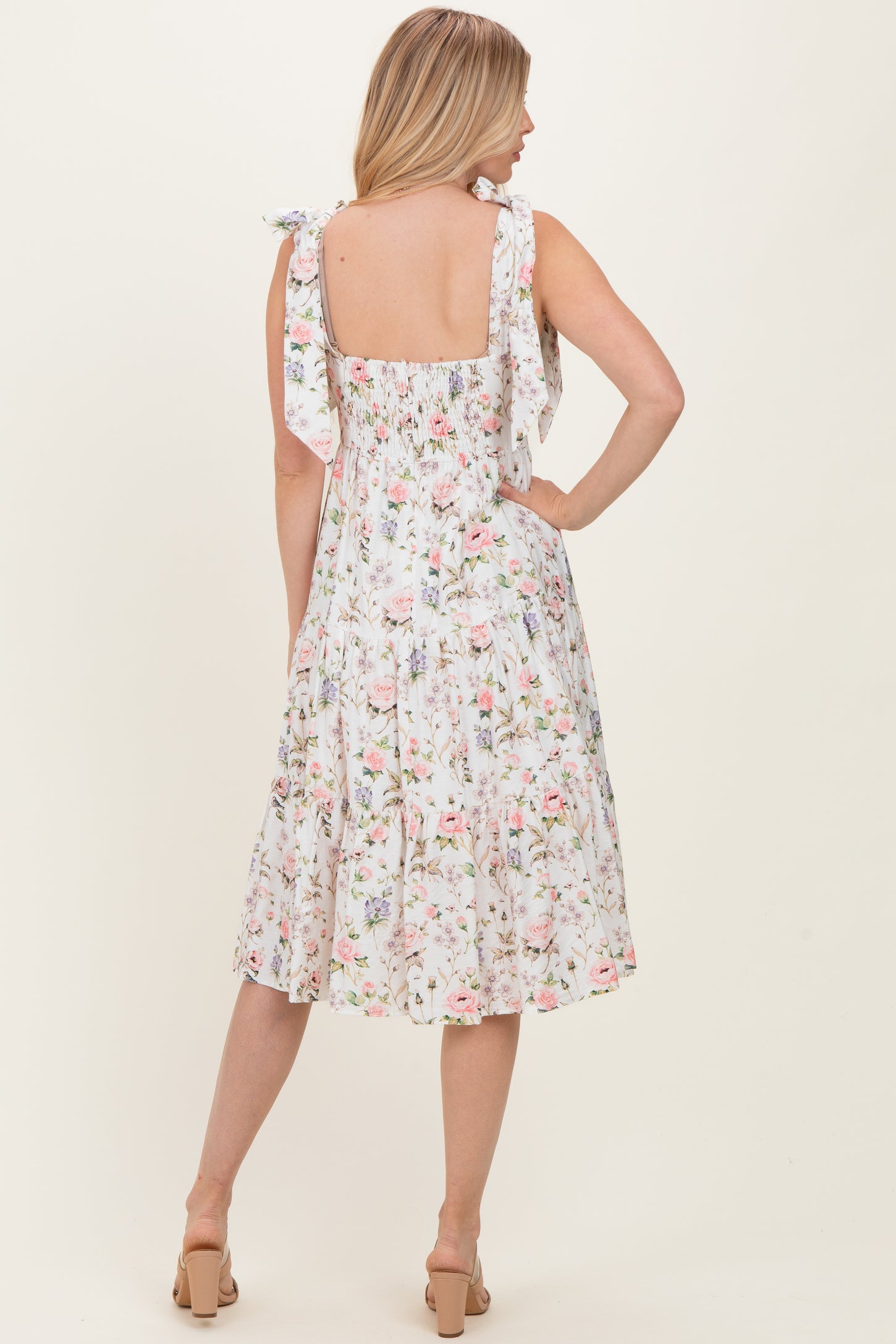 Ivory Floral Shoulder Tie Tiered Midi Dress