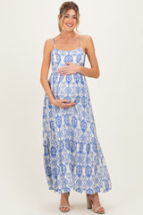 Blue Printed Cutout Tie Back Maternity Maxi Dress