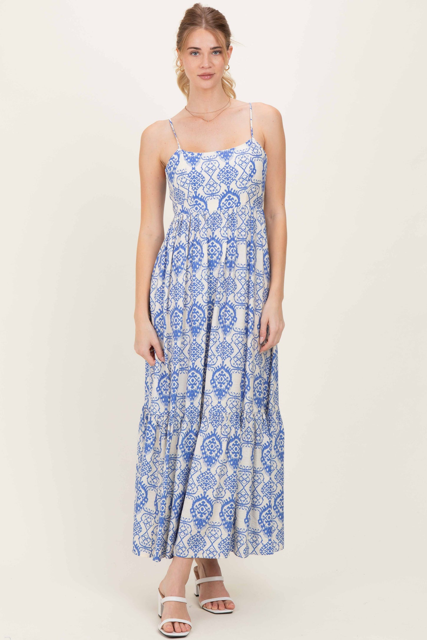 Blue Printed Cutout Tie Back Maxi Dress