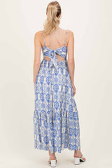 Blue Printed Cutout Tie Back Maxi Dress