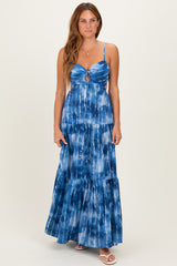 Blue Tie Dye Cutout Tie Back Maxi Dress