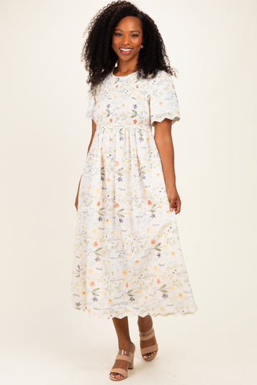 Beige Floral Button Down Collared Midi Dress