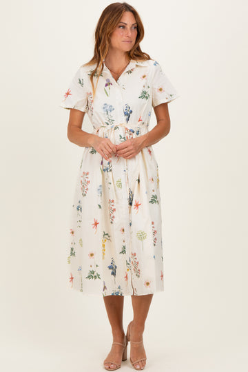 Ivory Floral Button Down Midi Dress