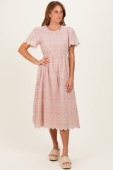 Light Pink Embroidered Floral Midi Dress