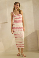 Pink Crochet Knit Striped Maternity Tank Dress