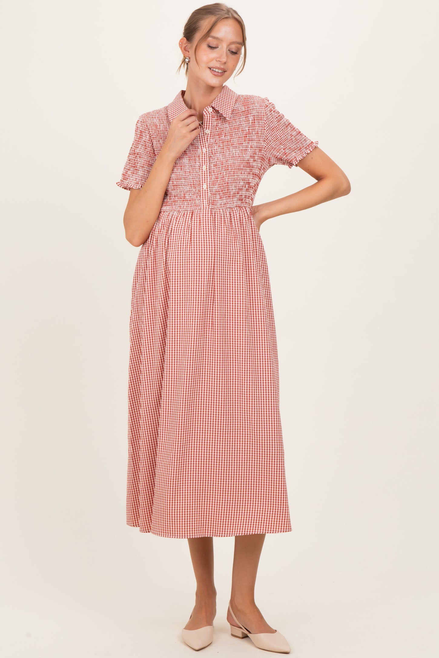 Red Smocked Gingham Collared Maternity Midi Dress