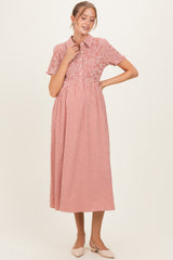 Red Smocked Gingham Collared Maternity Midi Dress