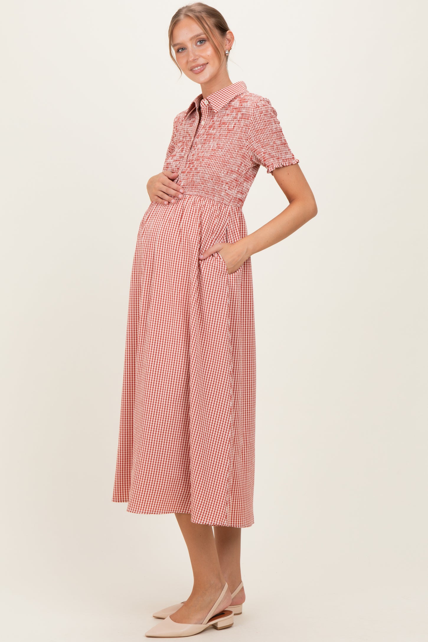 Red Smocked Gingham Collared Maternity Midi Dress