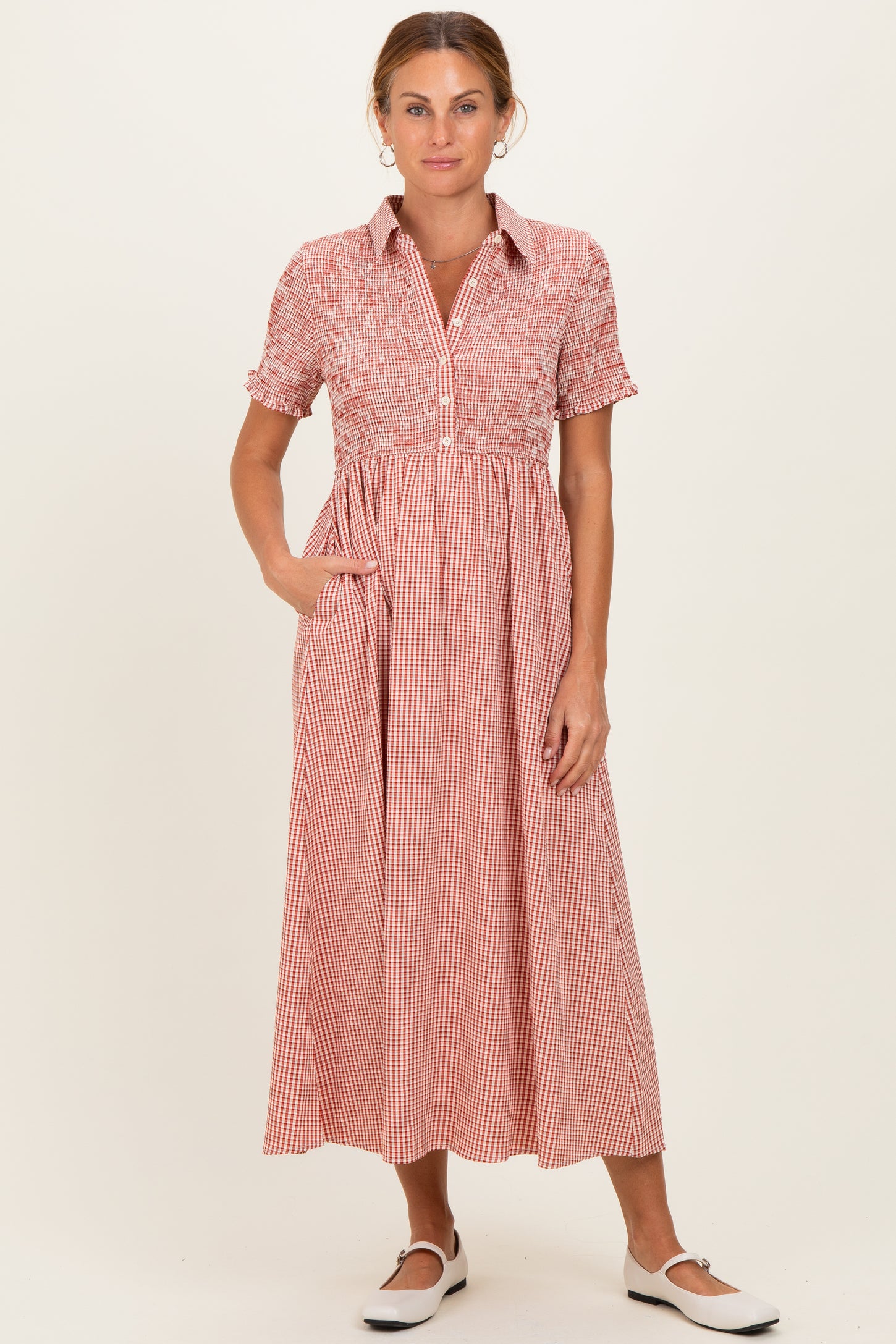 Red Smocked Gingham Collared Midi Dress