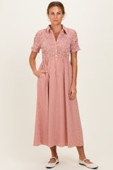 Red Smocked Gingham Collared Midi Dress