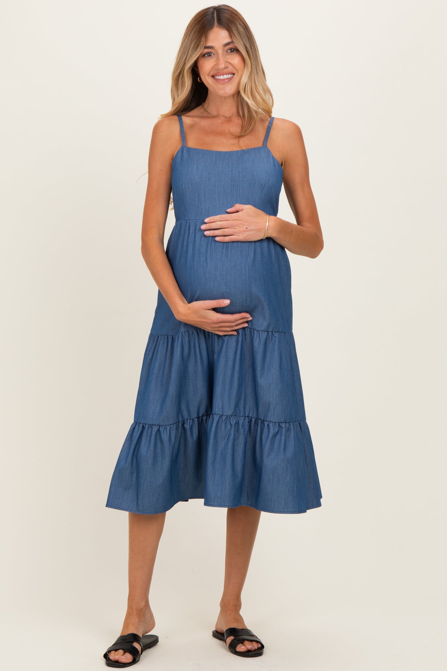 Dark Blue Tiered Sleeveless Maternity Midi Dress