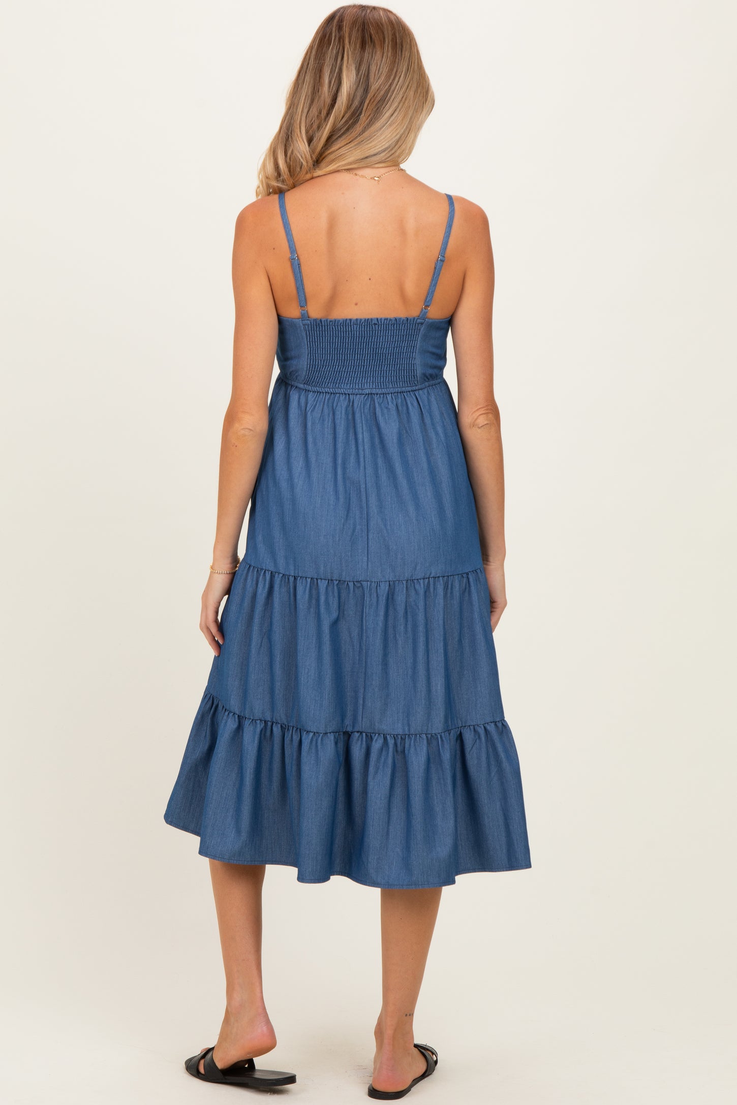 Dark Blue Tiered Sleeveless Maternity Midi Dress