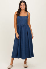 Denim Blue Bow Accent Strap Maternity Midi Dress