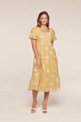 Saffron Yellow Embroidered Floral Tiered Midi Dress