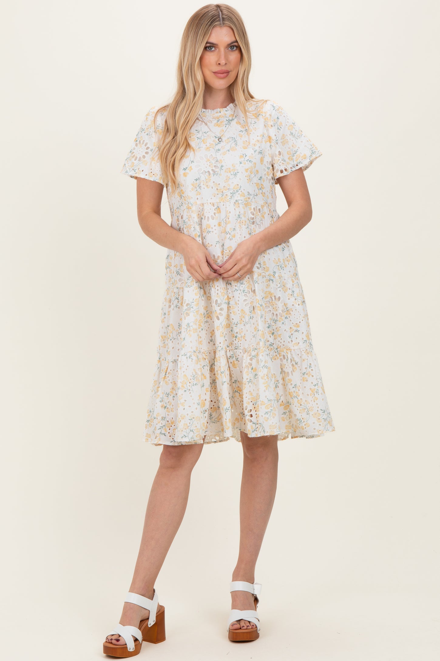 Ivory Floral Eyelet Lace Maternity Midi Dress