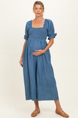 Denim Chambray Puff Sleeve Wide Leg Maternity Jumpsuit