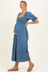 Denim Chambray Puff Sleeve Wide Leg Maternity Jumpsuit