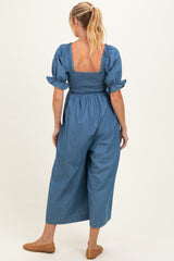 Denim Chambray Puff Sleeve Wide Leg Maternity Jumpsuit