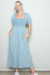 Light Blue Chambray Puff Sleeve Wide Leg Jumpsuit
