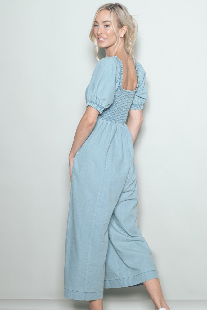 Light Blue Chambray Puff Sleeve Wide Leg Jumpsuit