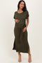 Olive Waist Tie Short Sleeve Side Slit Maternity Dress