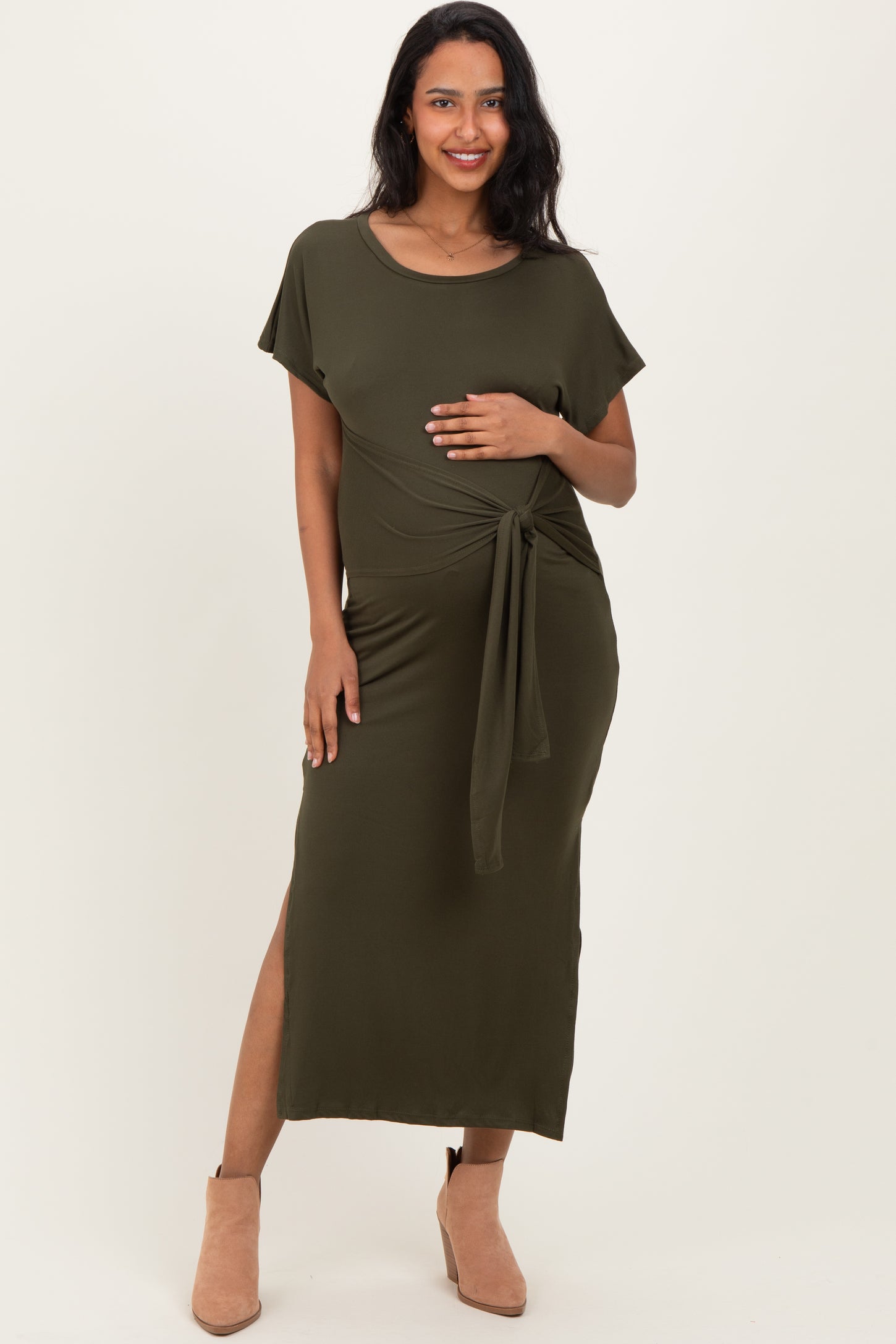 Olive Waist Tie Short Sleeve Side Slit Maternity Dress