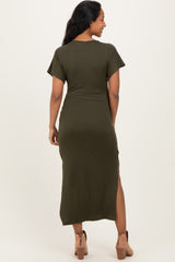 Olive Waist Tie Short Sleeve Side Slit Maternity Dress