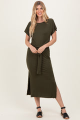 Olive Waist Tie Short Sleeve Side Slit Maternity Dress