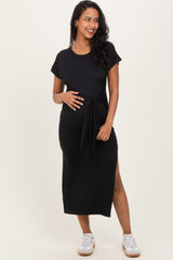 Black Waist Tie Short Sleeve Side Slit Maternity Dress