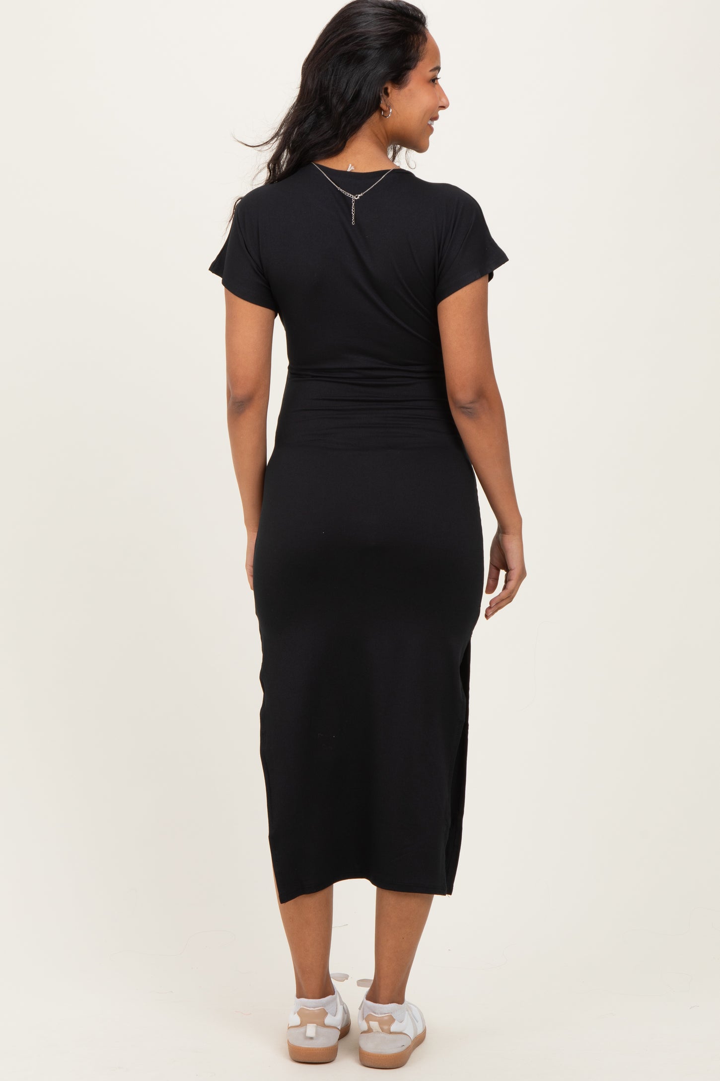 Black Waist Tie Short Sleeve Side Slit Maternity Dress