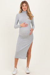 Light Grey Ribbed Knit Turtleneck Side Slit Maternity Dress
